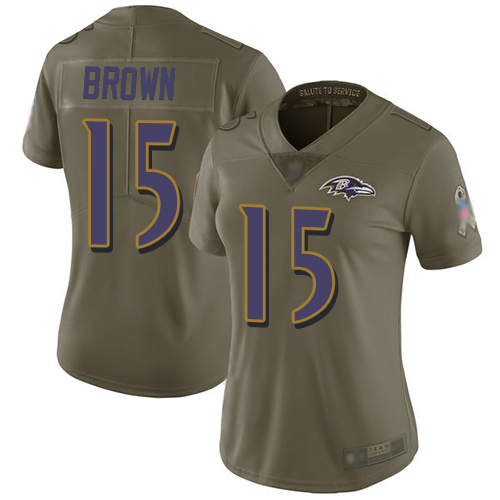 Nike Ravens #15 Marquise Brown Olive Women's Stitched NFL Limited 2017 Salute to Service Jersey Nike Ravens #15 Marquise Brown Olive Women's Stitched NFL Limited 2017 Salute to Service Jersey