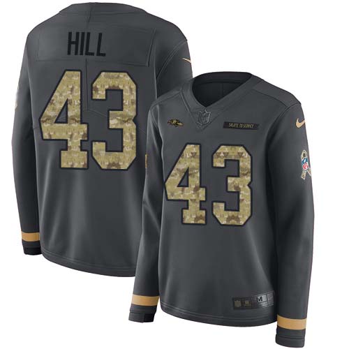 Nike Ravens #43 Justice Hill Anthracite Salute to Service Women's Stitched NFL Limited Therma Long Sleeve Jersey Nike Ravens #43 Justice Hill Anthracite Salute to Service Women's Stitched NFL Limited Therma Long Sleeve Jersey