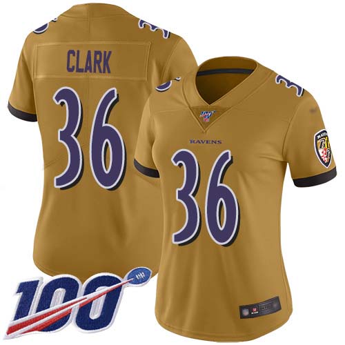 Nike Ravens #36 Chuck Clark Gold Women's Stitched NFL Limited Inverted Legend 100th Season Jersey Nike Ravens #36 Chuck Clark Gold Women's Stitched NFL Limited Inverted Legend 100th Season Jersey
