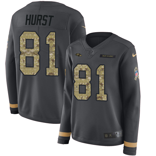 Nike Ravens #81 Hayden Hurst Anthracite Salute to Service Women's Stitched NFL Limited Therma Long Sleeve Jersey Nike Ravens #81 Hayden Hurst Anthracite Salute to Service Women's Stitched NFL Limited Therma Long Sleeve Jersey