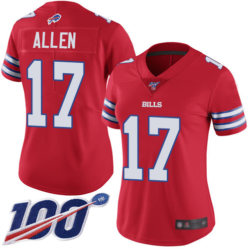 Nike Bills #17 Josh Allen Red Women's Stitched NFL Limited Rush 100th Season Jersey Nike Bills #17 Josh Allen Red Women's Stitched NFL Limited Rush 100th Season Jersey