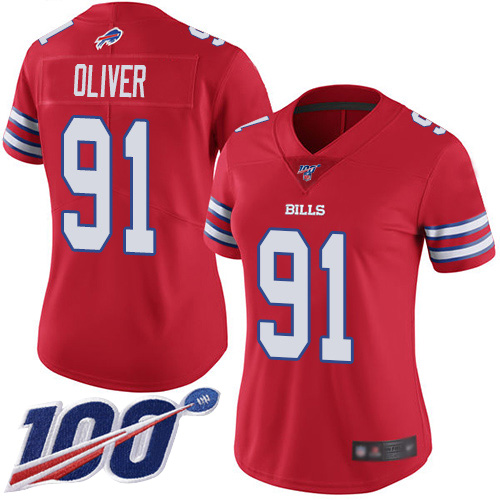 Nike Bills #91 Ed Oliver Red Women's Stitched NFL Limited Rush 100th Season Jersey Nike Bills #91 Ed Oliver Red Women's Stitched NFL Limited Rush 100th Season Jersey