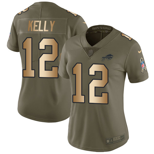 Nike Bills #12 Jim Kelly Olive/Gold Women's Stitched NFL Limited 2017 Salute to Service Jersey Nike Bills #12 Jim Kelly Olive/Gold Women's Stitched NFL Limited 2017 Salute to Service Jersey