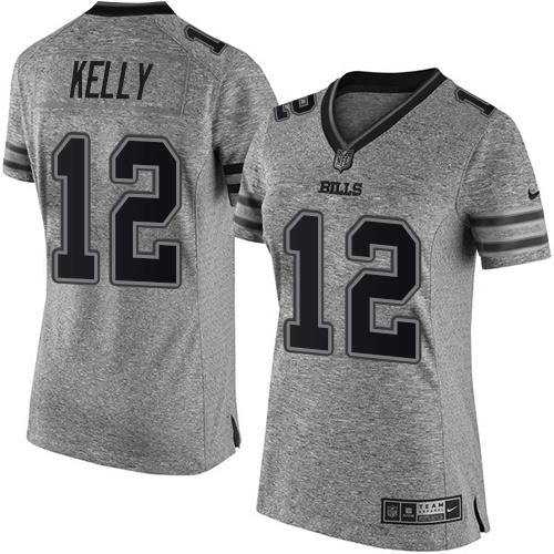 Nike Bills #12 Jim Kelly Gray Women's Stitched NFL Limited Gridiron Gray Jersey Nike Bills #12 Jim Kelly Gray Women's Stitched NFL Limited Gridiron Gray Jersey