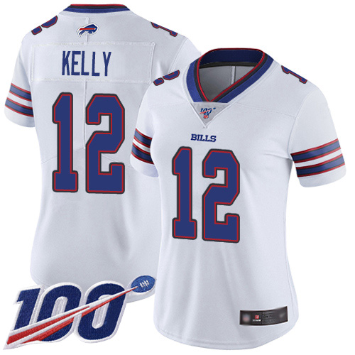 Nike Bills #12 Jim Kelly White Women's Stitched NFL 100th Season Vapor Limited Jersey Nike Bills #12 Jim Kelly White Women's Stitched NFL 100th Season Vapor Limited Jersey