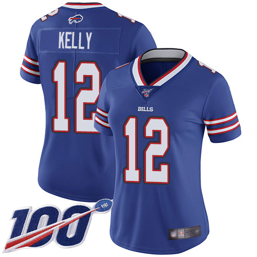 Nike Bills #12 Jim Kelly Royal Blue Team Color Women's Stitched NFL 100th Season Vapor Limited Jersey Nike Bills #12 Jim Kelly Royal Blue Team Color Women's Stitched NFL 100th Season Vapor Limited Jersey