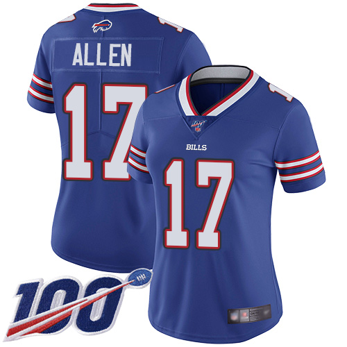 Nike Bills #17 Josh Allen Royal Blue Team Color Women's Stitched NFL 100th Season Vapor Limited Jersey Nike Bills #17 Josh Allen Royal Blue Team Color Women's Stitched NFL 100th Season Vapor Limited Jersey