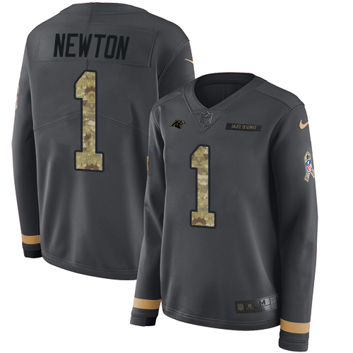 Nike Panthers #1 Cam Newton Anthracite Salute to Service Women's Stitched NFL Limited Therma Long Sleeve Jersey Nike Panthers #1 Cam Newton Anthracite Salute to Service Women's Stitched NFL Limited Therma Long Sleeve Jersey