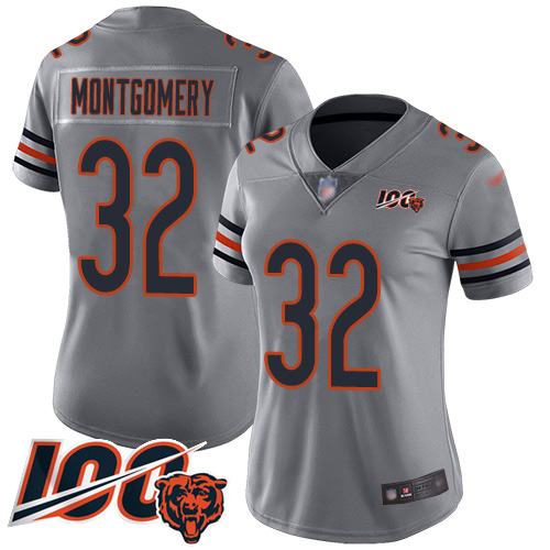 Nike Bears #32 David Montgomery Silver Women's Stitched NFL Limited Inverted Legend 100th Season Jersey Nike Bears #32 David Montgomery Silver Women's Stitched NFL Limited Inverted Legend 100th Season Jersey