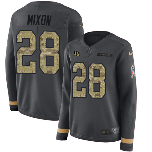 Nike Bengals #28 Joe Mixon Anthracite Salute to Service Women's Stitched NFL Limited Therma Long Sleeve Jersey Nike Bengals #28 Joe Mixon Anthracite Salute to Service Women's Stitched NFL Limited Therma Long Sleeve Jersey