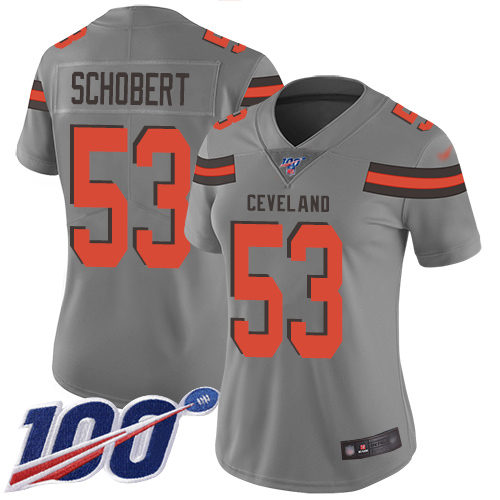 Nike Browns #53 Joe Schobert Gray Women's Stitched NFL Limited Inverted Legend 100th Season Jersey Nike Browns #53 Joe Schobert Gray Women's Stitched NFL Limited Inverted Legend 100th Season Jersey