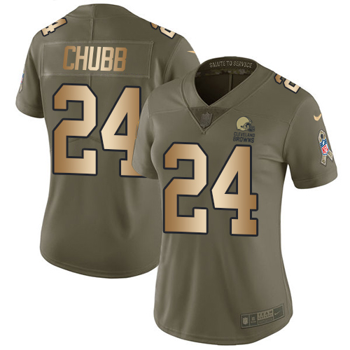 Nike Browns #24 Nick Chubb Olive/Gold Women's Stitched NFL Limited 2017 Salute to Service Jersey Nike Browns #24 Nick Chubb Olive/Gold Women's Stitched NFL Limited 2017 Salute to Service Jersey