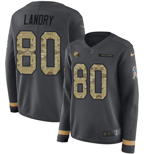 Nike Browns #80 Jarvis Landry Anthracite Salute to Service Women's Stitched NFL Limited Therma Long Sleeve Jersey Nike Browns #80 Jarvis Landry Anthracite Salute to Service Women's Stitched NFL Limited Therma Long Sleeve Jersey
