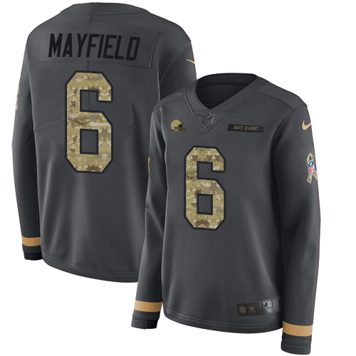 Nike Browns #6 Baker Mayfield Anthracite Salute to Service Women's Stitched NFL Limited Therma Long Sleeve Jersey Nike Browns #6 Baker Mayfield Anthracite Salute to Service Women's Stitched NFL Limited Therma Long Sleeve Jersey