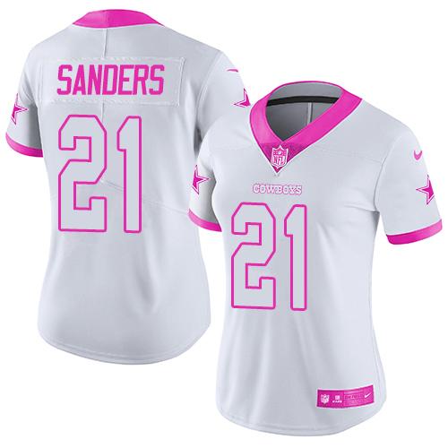 Nike Cowboys #21 Deion Sanders White/Pink Women's Stitched NFL Limited Rush Fashion Jersey Nike Cowboys #21 Deion Sanders White/Pink Women's Stitched NFL Limited Rush Fashion Jersey