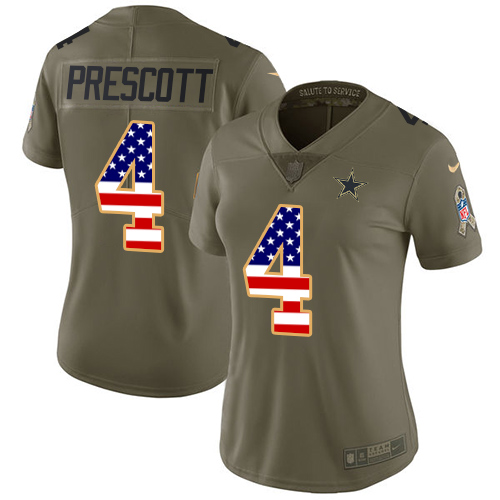 Nike Cowboys #4 Dak Prescott Olive/USA Flag Women's Stitched NFL Limited 2017 Salute to Service Jersey Nike Cowboys #4 Dak Prescott Olive/USA Flag Women's Stitched NFL Limited 2017 Salute to Service Jersey