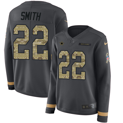 Nike Cowboys #22 Emmitt Smith Anthracite Salute to Service Women's Stitched NFL Limited Therma Long Sleeve Jersey Nike Cowboys #22 Emmitt Smith Anthracite Salute to Service Women's Stitched NFL Limited Therma Long Sleeve Jersey