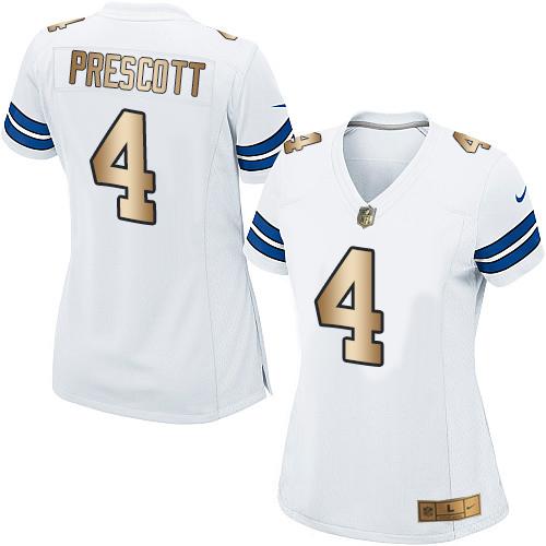 Nike Cowboys #4 Dak Prescott White Women's Stitched NFL Elite Gold Jersey Nike Cowboys #4 Dak Prescott White Women's Stitched NFL Elite Gold Jersey
