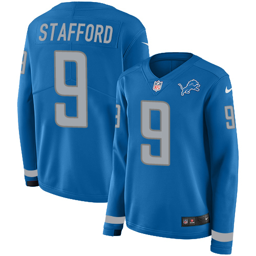 Nike Lions #9 Matthew Stafford Light Blue Team Color Women's Stitched NFL Limited Therma Long Sleeve Jersey Nike Lions #9 Matthew Stafford Light Blue Team Color Women's Stitched NFL Limited Therma Long Sleeve Jersey