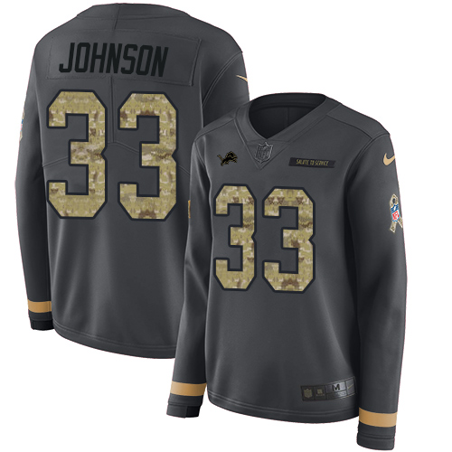 Nike Lions #33 Kerryon Johnson Anthracite Salute to Service Women's Stitched NFL Limited Therma Long Sleeve Jersey Nike Lions #33 Kerryon Johnson Anthracite Salute to Service Women's Stitched NFL Limited Therma Long Sleeve Jersey