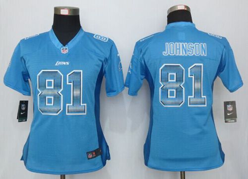Nike Lions #81 Calvin Johnson Light Blue Team Color Women's Stitched NFL Elite Strobe Jersey Nike Lions #81 Calvin Johnson Light Blue Team Color Women's Stitched NFL Elite Strobe Jersey