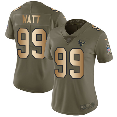 Nike Texans #99 J.J. Watt Olive/Gold Women's Stitched NFL Limited 2017 Salute to Service Jersey Nike Texans #99 J.J. Watt Olive/Gold Women's Stitched NFL Limited 2017 Salute to Service Jersey