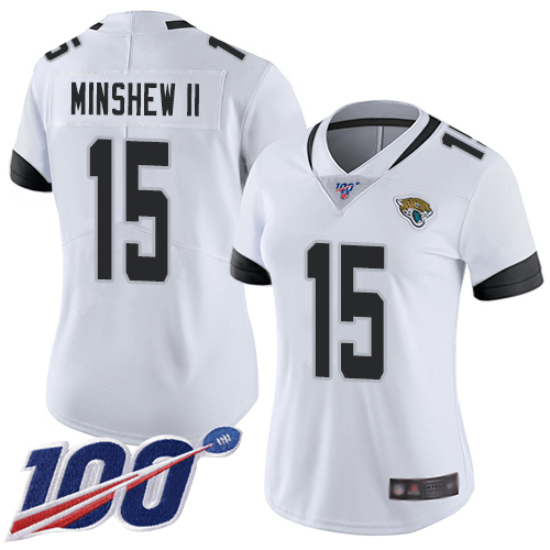 Nike Jaguars #15 Gardner Minshew II White Women's Stitched NFL 100th Season Vapor Limited Jersey Nike Jaguars #15 Gardner Minshew II White Women's Stitched NFL 100th Season Vapor Limited Jersey