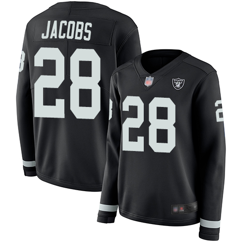 Nike Raiders #28 Josh Jacobs Black Team Color Women's Stitched NFL Limited Therma Long Sleeve Jersey Nike Raiders #28 Josh Jacobs Black Team Color Women's Stitched NFL Limited Therma Long Sleeve Jersey