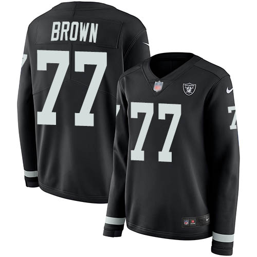 Nike Raiders #77 Trent Brown Black Team Color Women's Stitched NFL Limited Therma Long Sleeve Jersey Nike Raiders #77 Trent Brown Black Team Color Women's Stitched NFL Limited Therma Long Sleeve Jersey