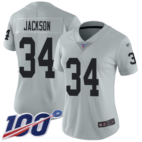 Nike Raiders #34 Bo Jackson Silver Women's Stitched NFL Limited Inverted Legend 100th Season Jersey Nike Raiders #34 Bo Jackson Silver Women's Stitched NFL Limited Inverted Legend 100th Season Jersey