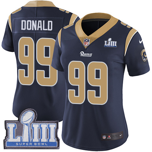 Nike Rams #99 Aaron Donald Navy Blue Team Color Super Bowl LIII Bound Women's Stitched NFL Vapor Untouchable Limited Jersey Nike Rams #99 Aaron Donald Navy Blue Team Color Super Bowl LIII Bound Women's Stitched NFL Vapor Untouchable Limited Jersey
