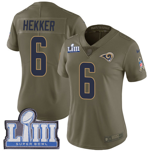 Nike Rams #6 Johnny Hekker Olive Super Bowl LIII Bound Women's Stitched NFL Limited 2017 Salute to Service Jersey Nike Rams #6 Johnny Hekker Olive Super Bowl LIII Bound Women's Stitched NFL Limited 2017 Salute to Service Jersey
