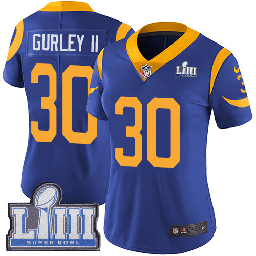 Nike Rams #30 Todd Gurley II Royal Blue Alternate Super Bowl LIII Bound Women's Stitched NFL Vapor Untouchable Limited Jersey Nike Rams #30 Todd Gurley II Royal Blue Alternate Super Bowl LIII Bound Women's Stitched NFL Vapor Untouchable Limited Jersey