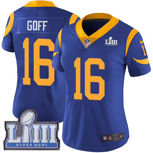 Nike Rams #16 Jared Goff Royal Blue Alternate Super Bowl LIII Bound Women's Stitched NFL Vapor Untouchable Limited Jersey Nike Rams #16 Jared Goff Royal Blue Alternate Super Bowl LIII Bound Women's Stitched NFL Vapor Untouchable Limited Jersey