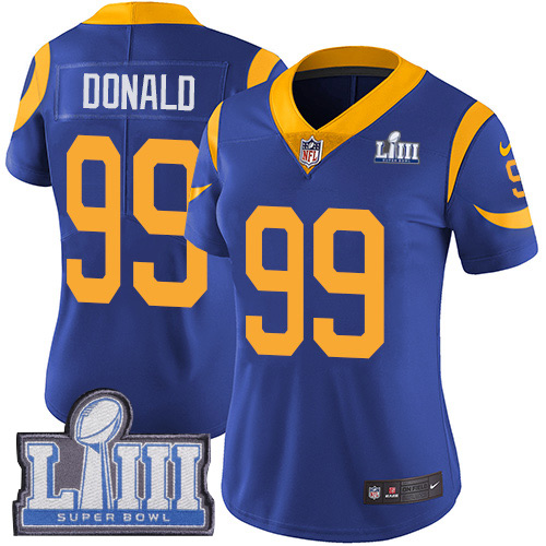 Nike Rams #99 Aaron Donald Royal Blue Alternate Super Bowl LIII Bound Women's Stitched NFL Vapor Untouchable Limited Jersey Nike Rams #99 Aaron Donald Royal Blue Alternate Super Bowl LIII Bound Women's Stitched NFL Vapor Untouchable Limited Jersey