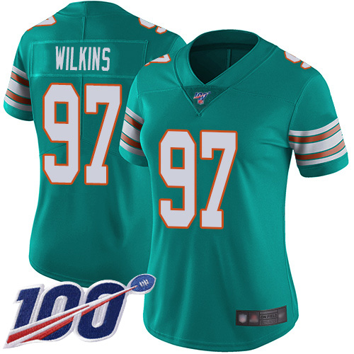Nike Dolphins #97 Christian Wilkins Aqua Green Alternate Women's Stitched NFL 100th Season Vapor Limited Jersey Nike Dolphins #97 Christian Wilkins Aqua Green Alternate Women's Stitched NFL 100th Season Vapor Limited Jersey