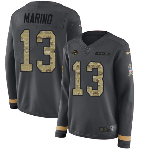 Nike Dolphins #13 Dan Marino Anthracite Salute to Service Women's Stitched NFL Limited Therma Long Sleeve Jersey Nike Dolphins #13 Dan Marino Anthracite Salute to Service Women's Stitched NFL Limited Therma Long Sleeve Jersey