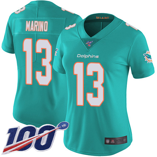Nike Dolphins #13 Dan Marino Aqua Green Team Color Women's Stitched NFL 100th Season Vapor Limited Jersey Nike Dolphins #13 Dan Marino Aqua Green Team Color Women's Stitched NFL 100th Season Vapor Limited Jersey