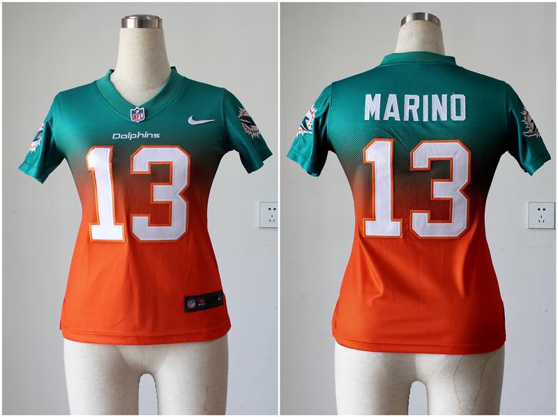 Nike Dolphins #13 Dan Marino Aqua Green/Orange Women's Stitched NFL Elite Fadeaway Fashion Jersey Nike Dolphins #13 Dan Marino Aqua Green/Orange Women's Stitched NFL Elite Fadeaway Fashion Jersey