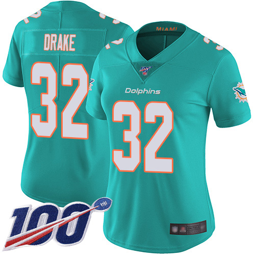 Nike Dolphins #32 Kenyan Drake Aqua Green Team Color Women's Stitched NFL 100th Season Vapor Limited Jersey Nike Dolphins #32 Kenyan Drake Aqua Green Team Color Women's Stitched NFL 100th Season Vapor Limited Jersey