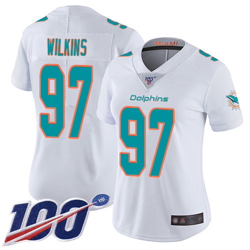 Nike Dolphins #97 Christian Wilkins White Women's Stitched NFL 100th Season Vapor Limited Jersey Nike Dolphins #97 Christian Wilkins White Women's Stitched NFL 100th Season Vapor Limited Jersey