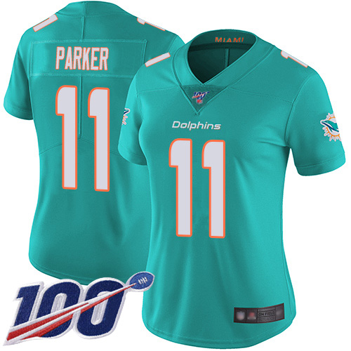 Nike Dolphins #11 DeVante Parker Aqua Green Team Color Women's Stitched NFL 100th Season Vapor Limited Jersey Nike Dolphins #11 DeVante Parker Aqua Green Team Color Women's Stitched NFL 100th Season Vapor Limited Jersey