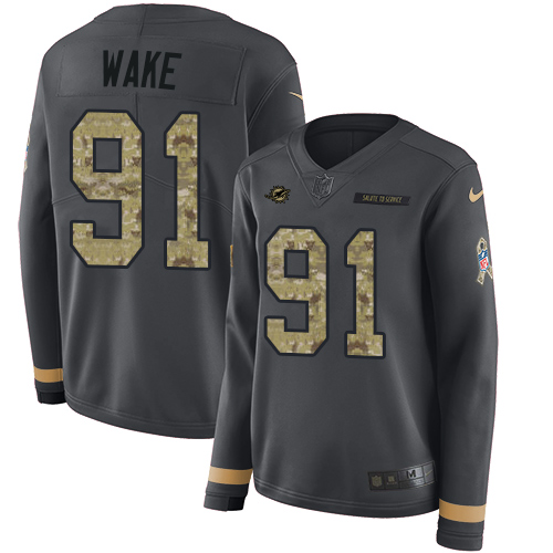 Nike Dolphins #91 Cameron Wake Anthracite Salute to Service Women's Stitched NFL Limited Therma Long Sleeve Jersey Nike Dolphins #91 Cameron Wake Anthracite Salute to Service Women's Stitched NFL Limited Therma Long Sleeve Jersey