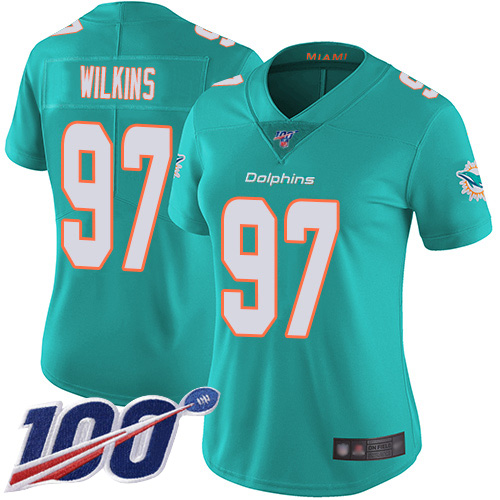 Nike Dolphins #97 Christian Wilkins Aqua Green Team Color Women's Stitched NFL 100th Season Vapor Limited Jersey Nike Dolphins #97 Christian Wilkins Aqua Green Team Color Women's Stitched NFL 100th Season Vapor Limited Jersey