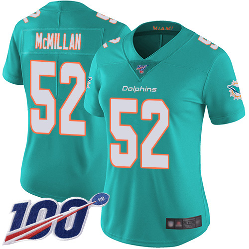 Nike Dolphins #52 Raekwon McMillan Aqua Green Team Color Women's Stitched NFL 100th Season Vapor Limited Jersey Nike Dolphins #52 Raekwon McMillan Aqua Green Team Color Women's Stitched NFL 100th Season Vapor Limited Jersey