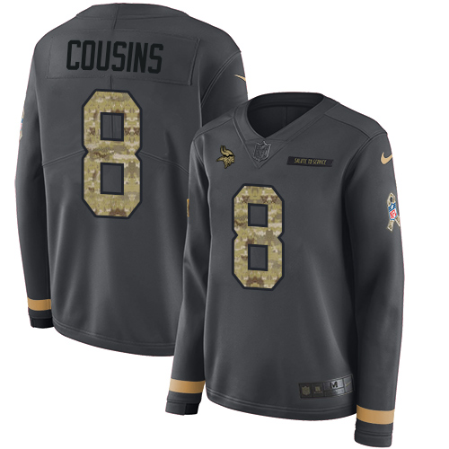 Nike Vikings #8 Kirk Cousins Anthracite Salute to Service Women's Stitched NFL Limited Therma Long Sleeve Jersey Nike Vikings #8 Kirk Cousins Anthracite Salute to Service Women's Stitched NFL Limited Therma Long Sleeve Jersey