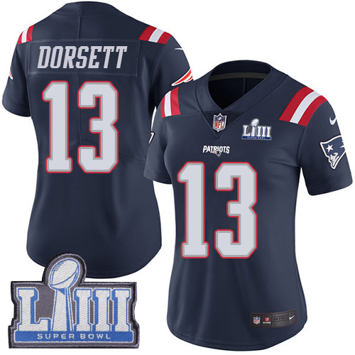 Nike Patriots #13 Phillip Dorsett Navy Blue Super Bowl LIII Bound Women's Stitched NFL Limited Rush Jersey Nike Patriots #13 Phillip Dorsett Navy Blue Super Bowl LIII Bound Women's Stitched NFL Limited Rush Jersey