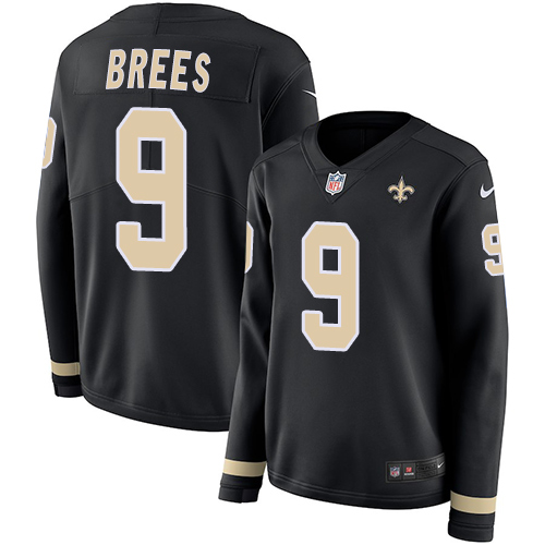 Nike Saints #9 Drew Brees Black Team Color Women's Stitched NFL Limited Therma Long Sleeve Jersey Nike Saints #9 Drew Brees Black Team Color Women's Stitched NFL Limited Therma Long Sleeve Jersey