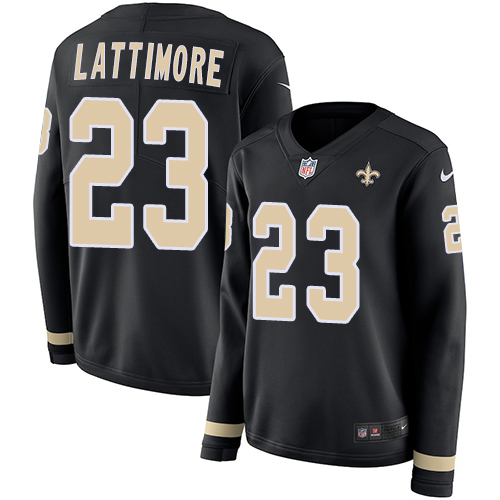 Nike Saints #23 Marshon Lattimore Black Team Color Women's Stitched NFL Limited Therma Long Sleeve Jersey Nike Saints #23 Marshon Lattimore Black Team Color Women's Stitched NFL Limited Therma Long Sleeve Jersey