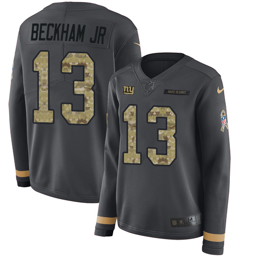 Nike Giants #13 Odell Beckham Jr Anthracite Salute to Service Women's Stitched NFL Limited Therma Long Sleeve Jersey Nike Giants #13 Odell Beckham Jr Anthracite Salute to Service Women's Stitched NFL Limited Therma Long Sleeve Jersey